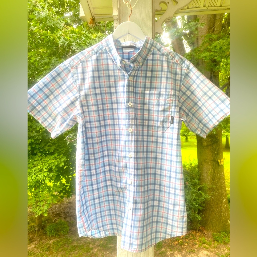 Columbia Men's Short Sleeve Blue Red Plaid Button Down Shirt 100% Cotton Small